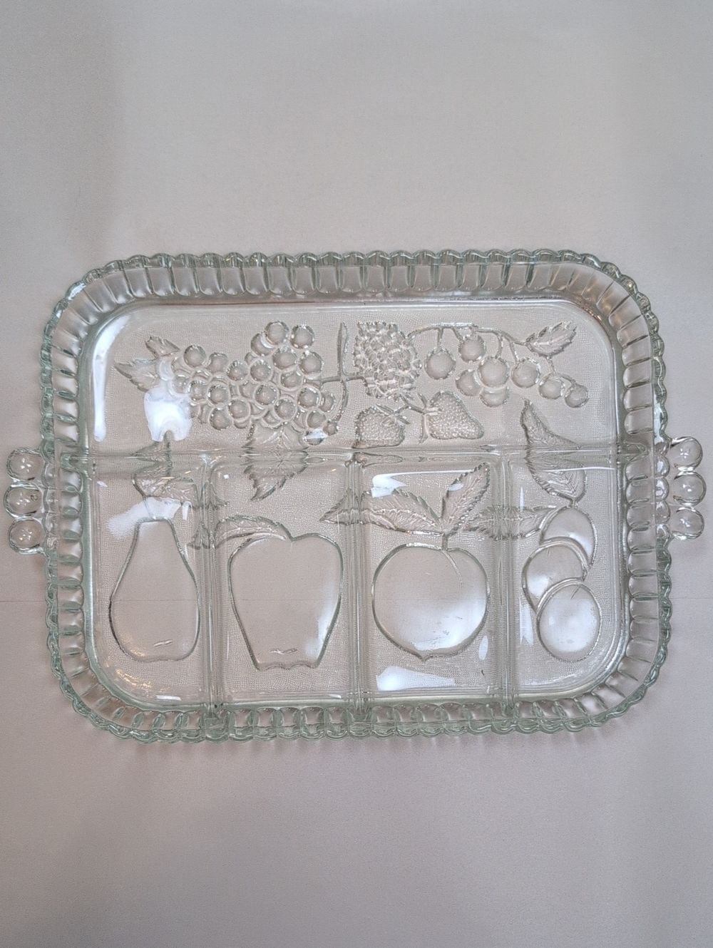 Indiana Glass Clear Glass Divided Serving Tray with Handles Fruit Motif Vintage